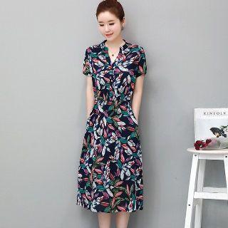 Stand Collar Leaf Printed Midi Dress