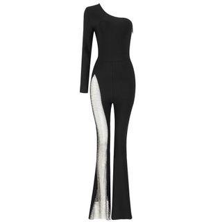 One-shoulder Rhinestone Panel Boot-cut Jumpsuit