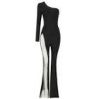 One-shoulder Rhinestone Panel Boot-cut Jumpsuit