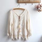 Lace-up Embroidered 3/4-sleeve Top