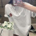 Flower Embroidered T-shirt Light Gray - One Size