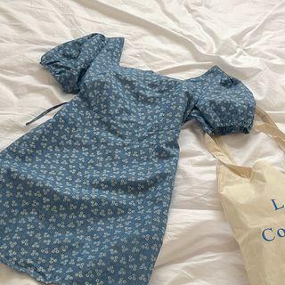 Square-neck Floral Minidress Light Blue - One Size