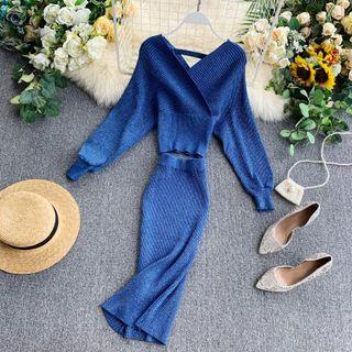 Set Of 2 : V-neck Batwing-sleeve Knit Sweater + High-waist Knit Maxi Skirt