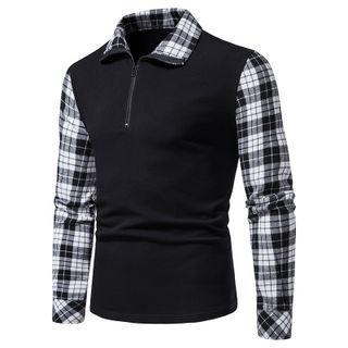 Long-sleeve Plaid Panel Half-zip Polo Shirt