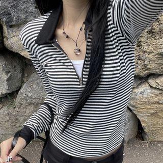 Long-sleeve Collared Half-zip Striped Top