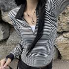 Long-sleeve Collared Half-zip Striped Top