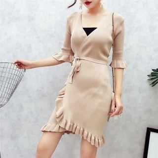 Frilled Trim Elbow-sleeve Knit Dress
