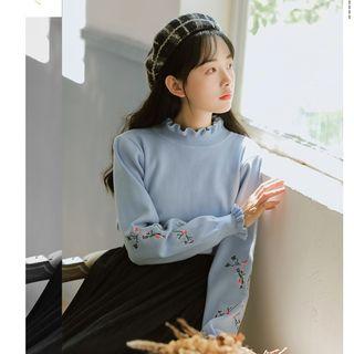 Ruffled-trim Mock-neck Embroidered Sweater
