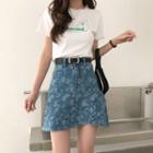 Printed Mini A-line Denim Skirt