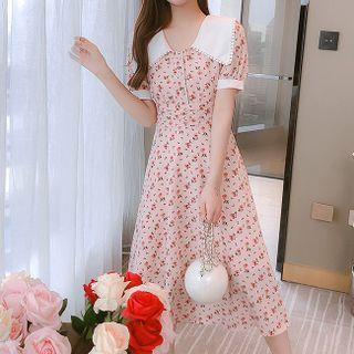 Puff Sleeve Collared Floral Print A-line Dress