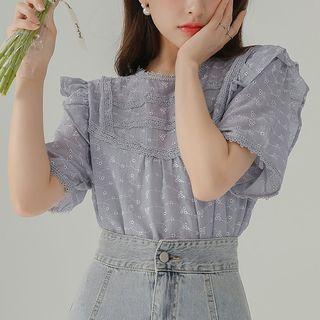 Short-sleeve Embroidered Frill Trim Chiffon Blouse