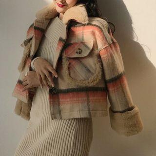 Furry Collar Plaid Single-breasted Jacket
