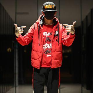 Set: Lettering Hooded Padded Vest + Sweatshirt + Sweatpants