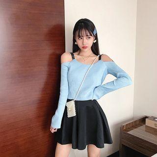 Off-shoulder Lightweight Knit Top Blue - One Size