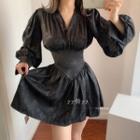 Puff-sleeve Satin A-line Dress