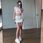 Printed Letter Short-sleeve Top / Denim Skirt