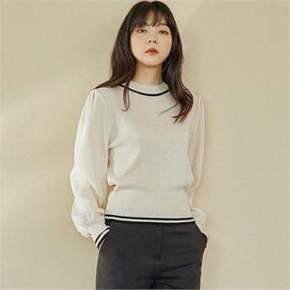 Contrast-trim Balloon-sleeve Knit Top