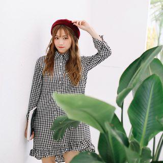Ruffle Hem Plaid Shirt Dress Gingham - Black & White - One Size