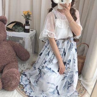 Elbow-sleeve Lace Top / Printed Strappy Midi Dress