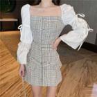 Bell-sleeve Tweed Panel Cropped Blouse / Mini Skirt