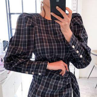 Puff-shoulder Wide-cuff Plaid Top