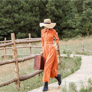 3/4-sleeve Corduroy Midi A-line Shirtdress