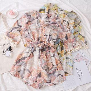 Flower-print V-neck Chiffon Playsuit With Sash