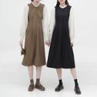 Mock Two-piece Long-sleeve Frill Trim Midi A-line Dress