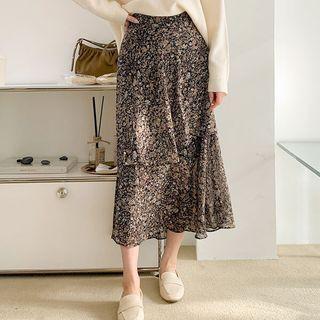 Ruffle-trim Long Floral Skirt