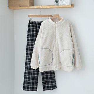 Plaid Wide-leg Pants / Zip-up Fleece Jacket