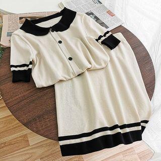 Set: Short-sleeve Contrast Trim Buttoned Knit Top + A-line Skirt