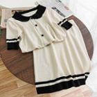 Set: Short-sleeve Contrast Trim Buttoned Knit Top + A-line Skirt