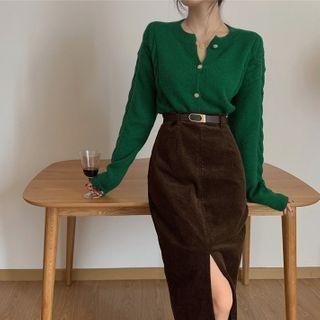 Long-sleeve Cable Knit Button-up Knit Top