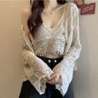 V-neck Lace Cropped Camisole Top / Long-sleeve Cardigan