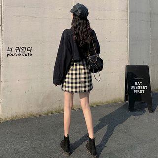Cropped Denim Jacket / Plaid High-waist Skort