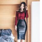 Set: Off Shoulder Rib Knit Top + Faux Leather Pencil Skirt