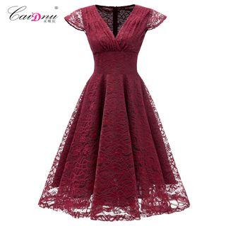 Cap-sleeve Lace Midi Prom Dress