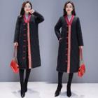Contrast-trim Knot Buttoned Padded Long Coat