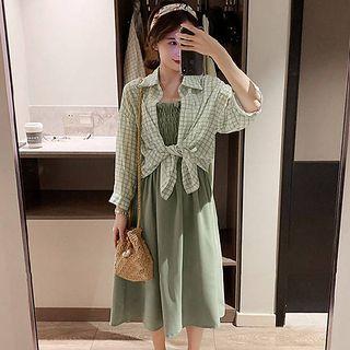 Long-sleeve Plaid Shirt / Spaghetti-strap Plain Ruffle Trim Dress
