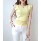 Padded Shoulder Faux-pearl Trim Knit Top
