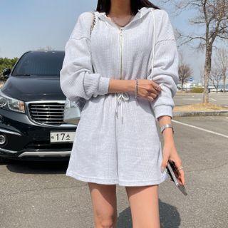 Hooded Zip-up Waffle Jumpsuit