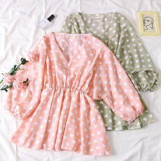 Gather-waist Heart-print Blouse