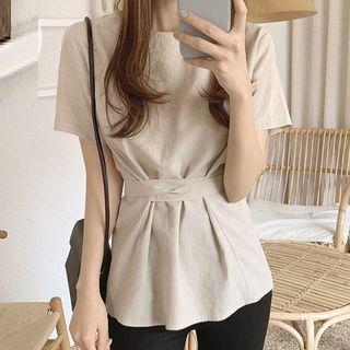 Short-sleeve Gathered-waist Blouse