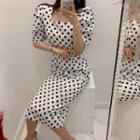 Dotted Puff-sleeve Chiffon Slim-fit A-line Dress