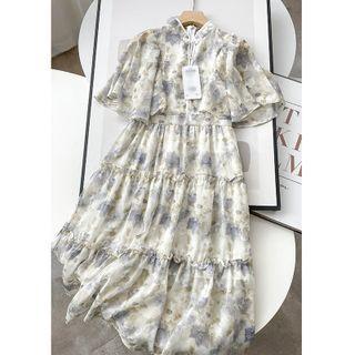 Flower Print Mandarin Collar A-line Chiffon Dress
