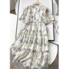 Flower Print Mandarin Collar A-line Chiffon Dress