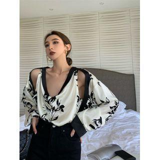 Mock Two-piece Cold-shoulder Floral Blouse