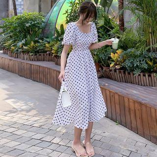Dotted Open-back Puff-sleeve Midi A-line Dress