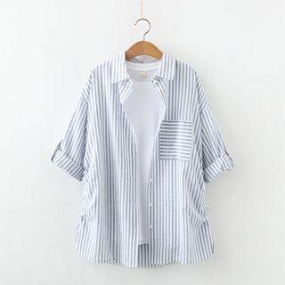 Elbow-sleeve Striped Shirt White - One Size