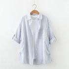Elbow-sleeve Striped Shirt White - One Size